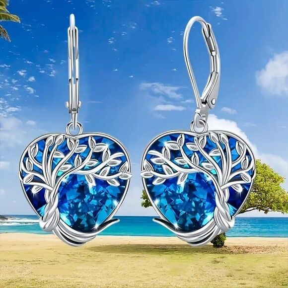 Blue 'crystal' Tree of Life Earrings - Picture 1 of 4